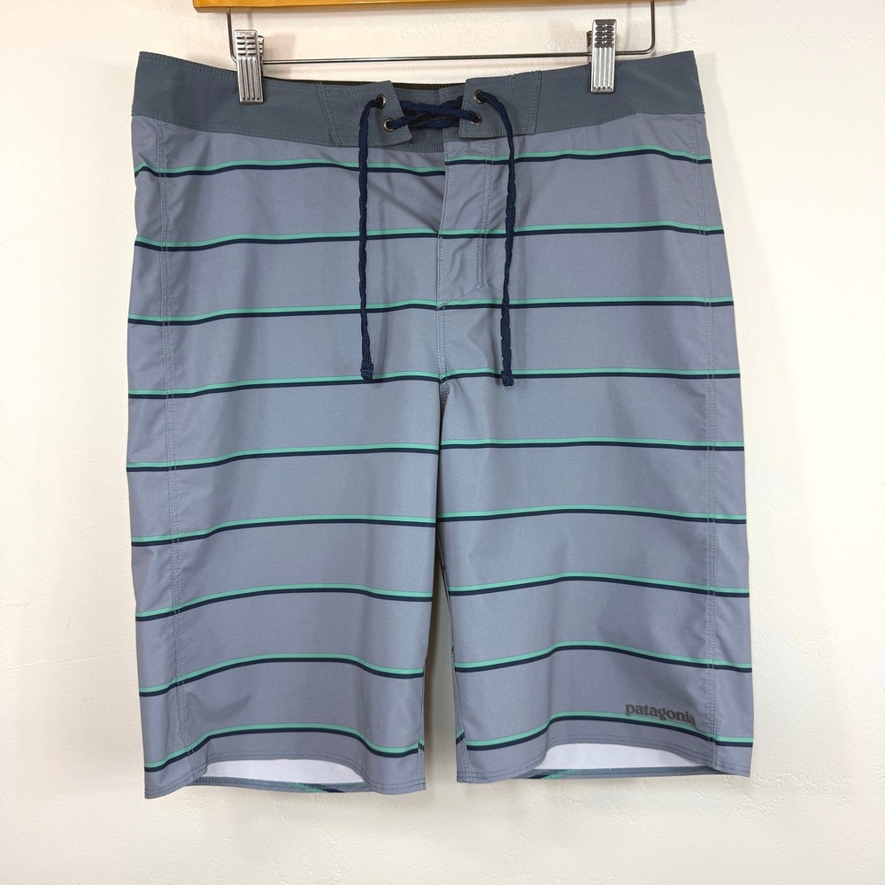 Patagonia Boardshorts Blue Gray Striped Swim Shorts Hydro Series Surf Coastal 30